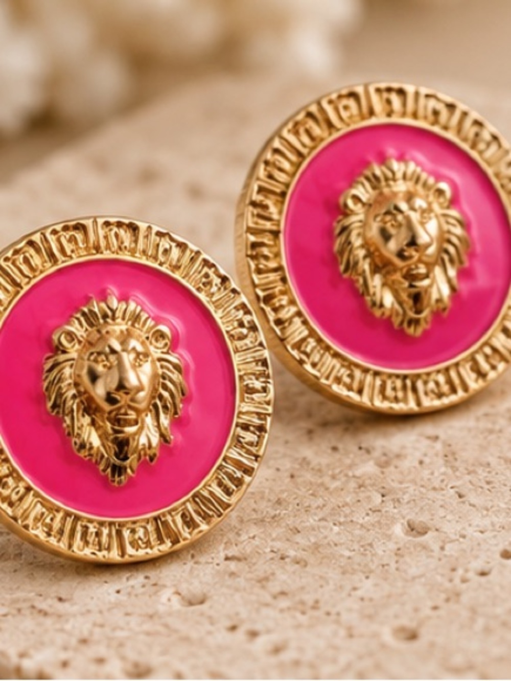 Designer Inspired Hot Pink & Gold Lion Statement Stud Earrings